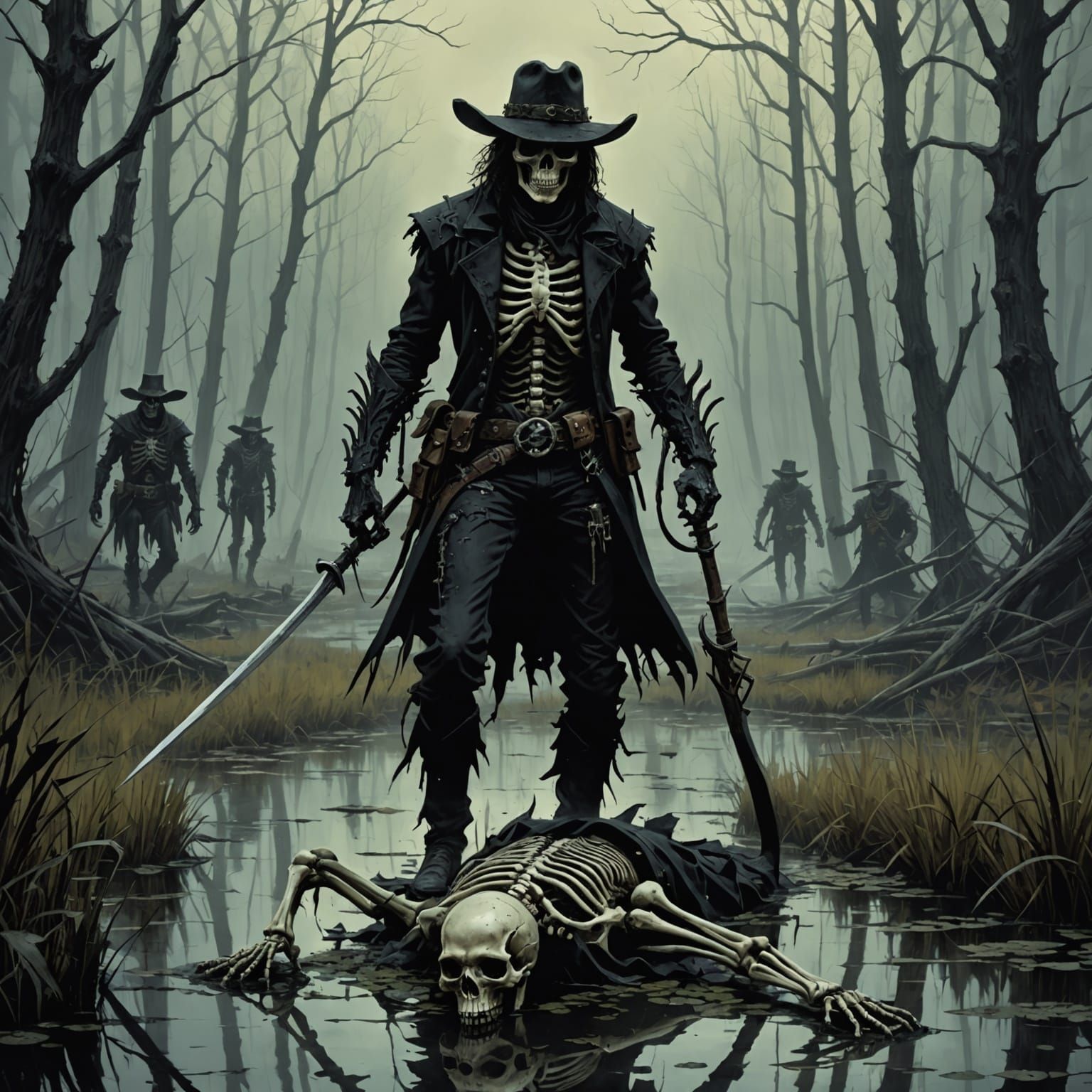 Skeletal Cowboy Drags Body Into Swamp