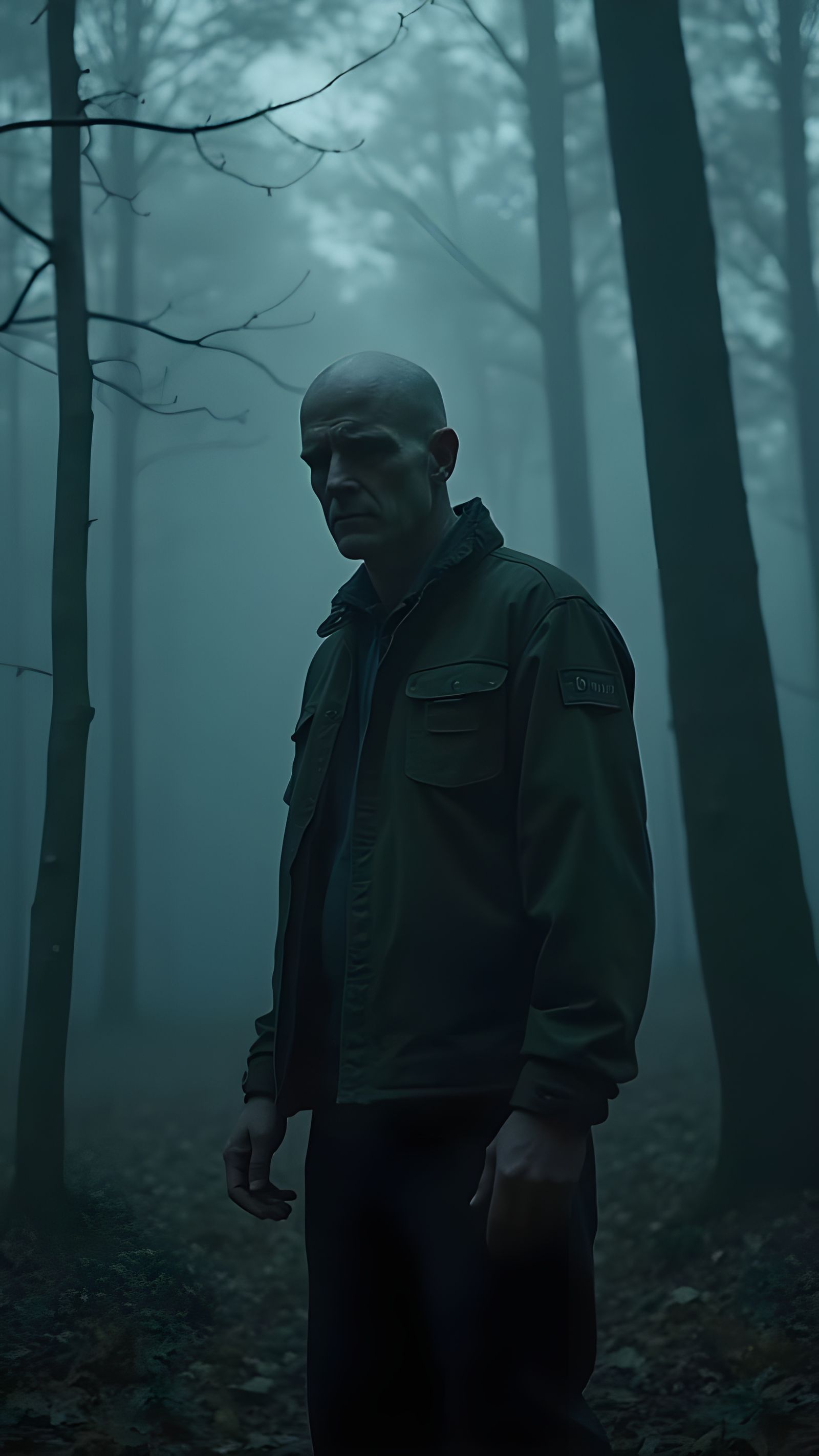 Bald Man in Misty Forest at Night, Noir Style