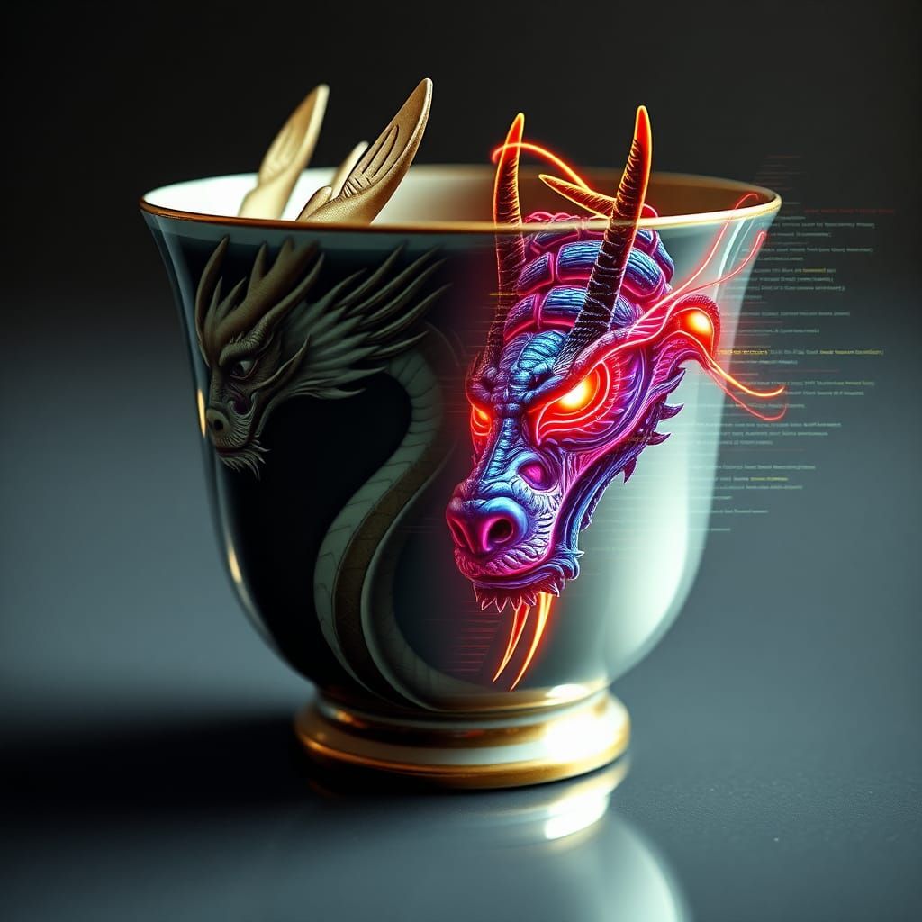 Teacup Reflecting Ancient and Cyberpunk Dragons