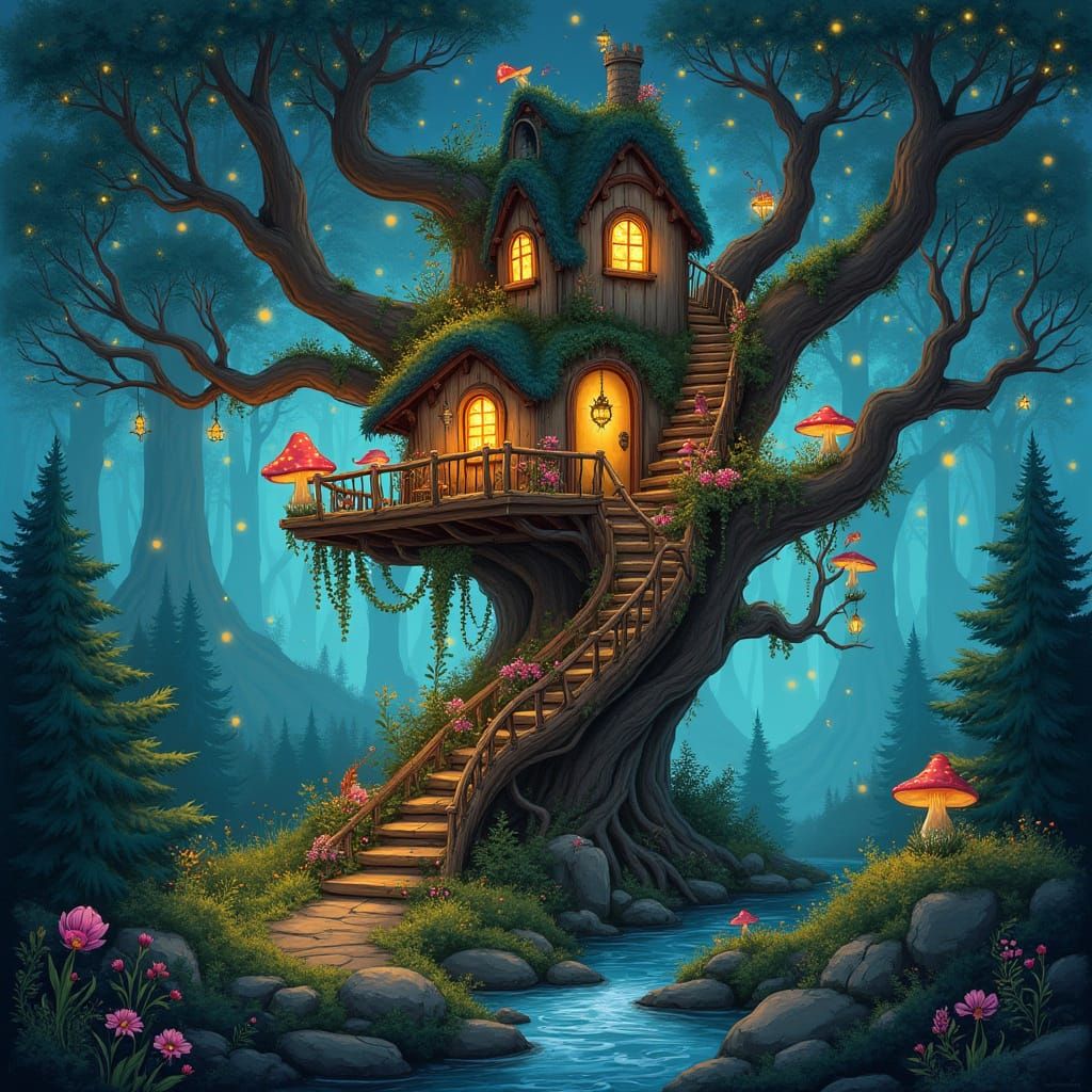 Enchanted Forest Treehouse with Glowing Mushrooms