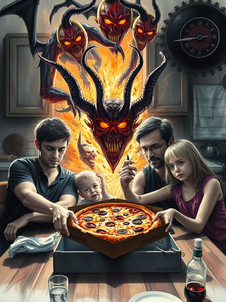 Demonic Pizza Portal Ominous Watercolor Painting