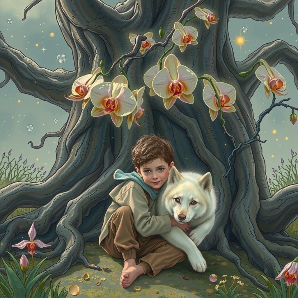 Enchanted Child and Wolf Pup Under Ancient Oak