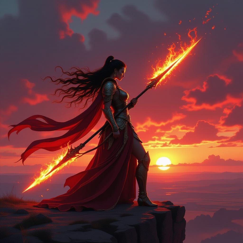 Warrior Queen on Cliff at Sunset in Fantasy Realism