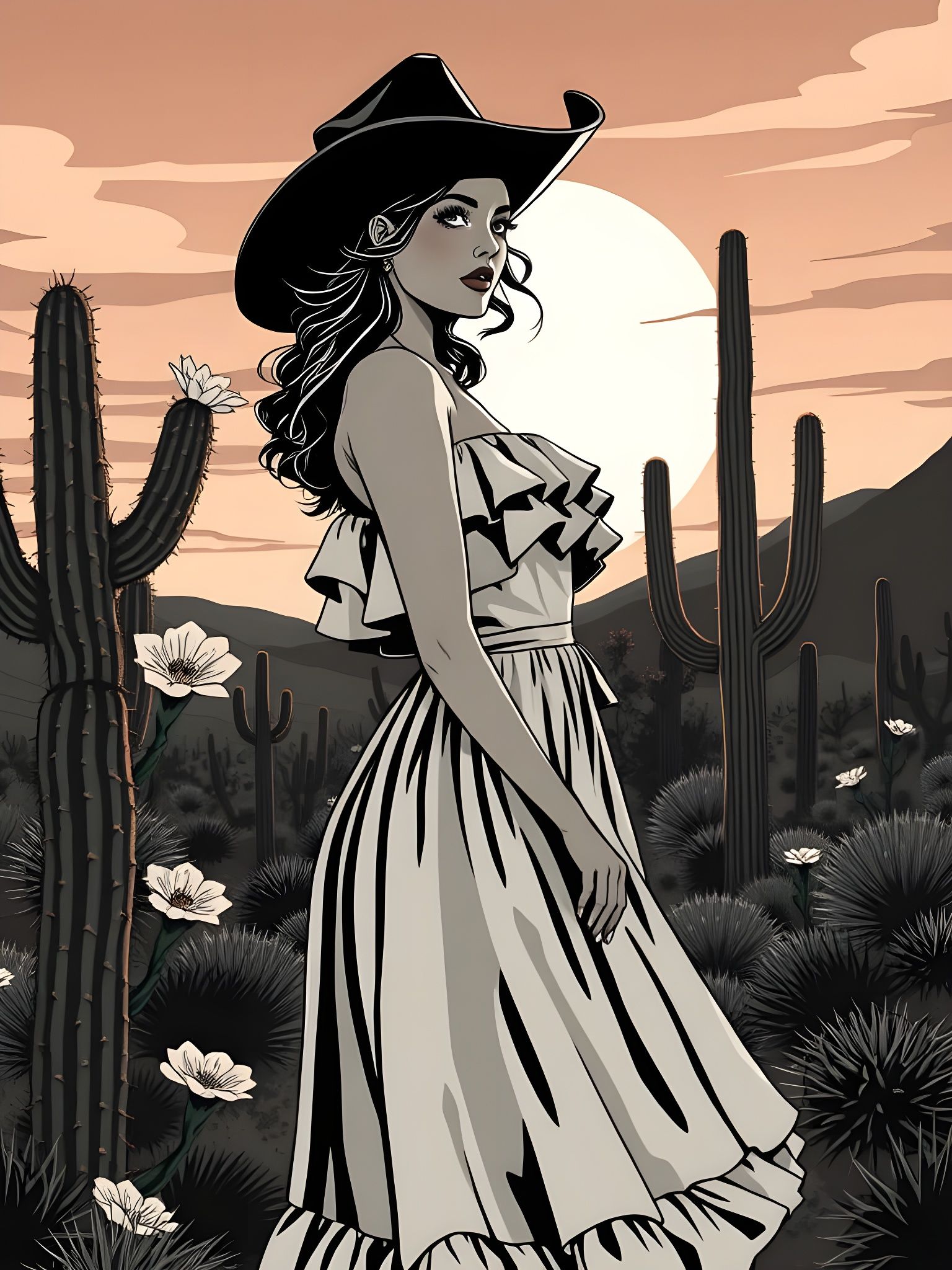 Retro Noir Cowgirl in the Desert Sunset