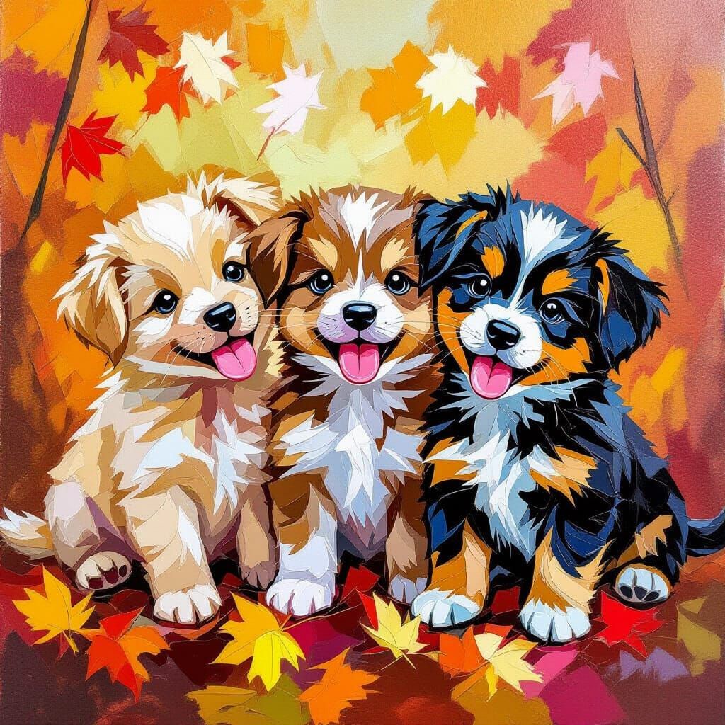 Adorable Puppies Among Autumn Leaves in Expressionist Style