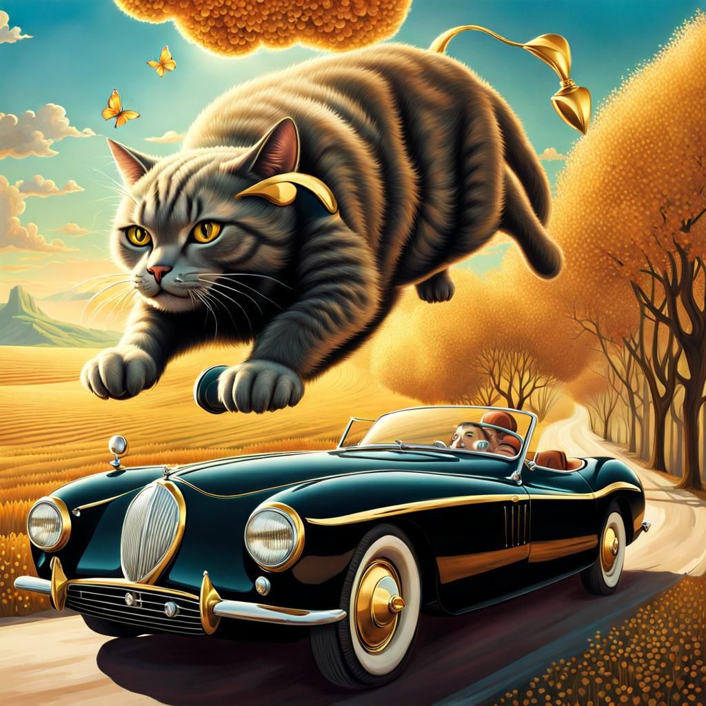 Surreal Cat Driving Extravagant Car Illustration