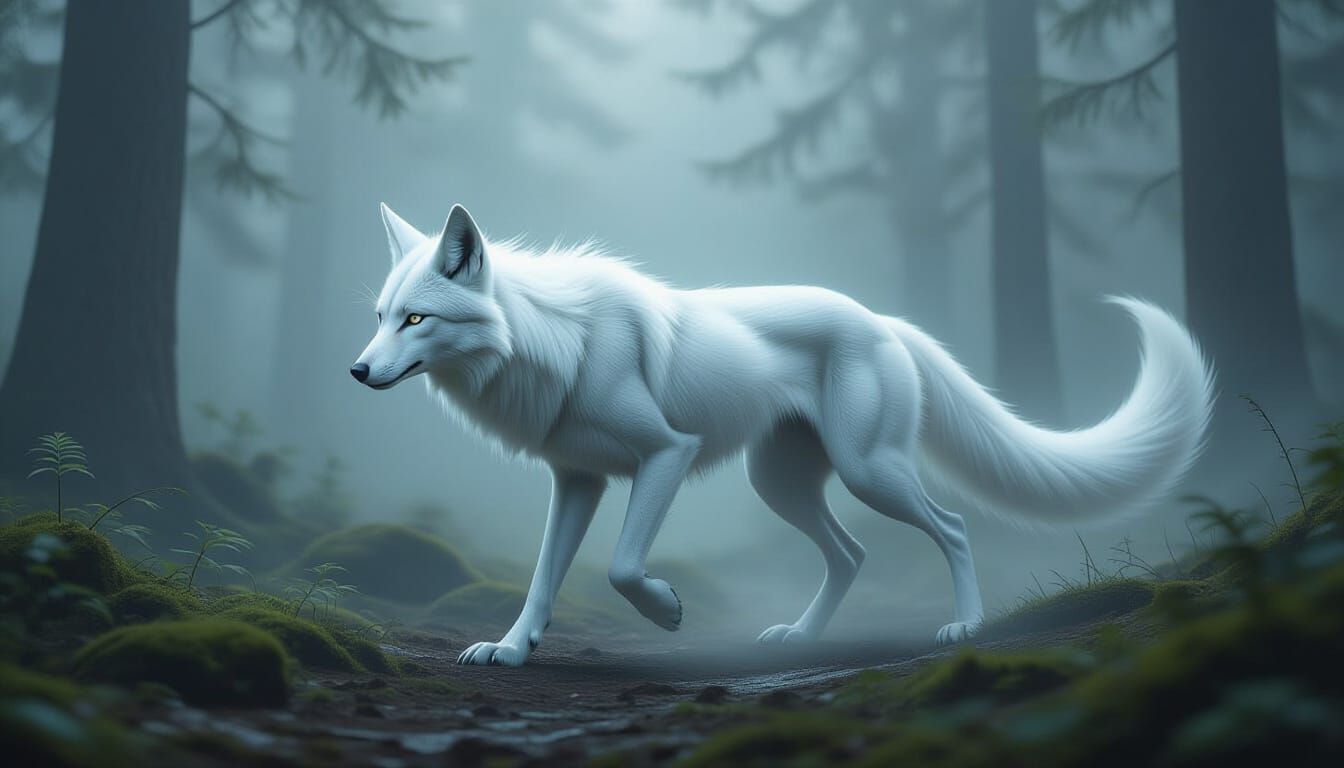 Ghostly Wolf Stalks Through Misty Forest