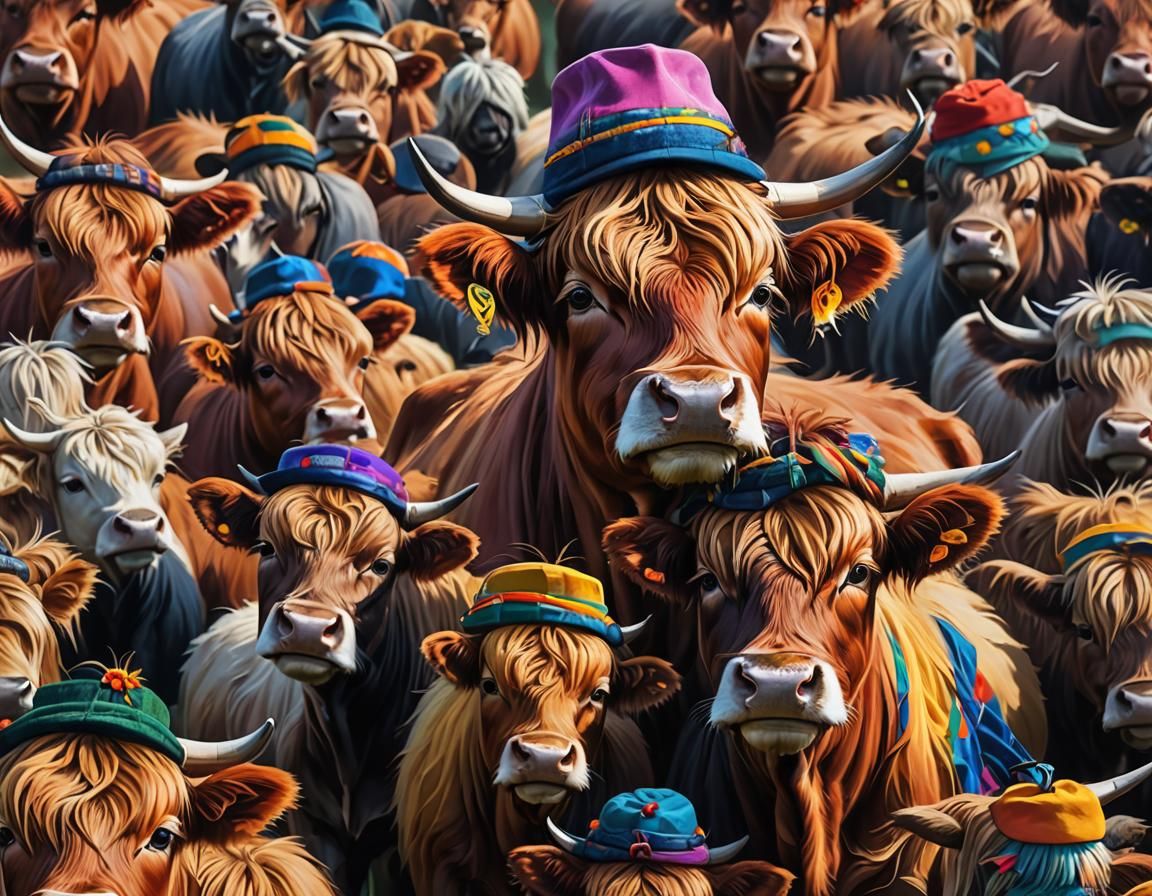 Multicoloured Highland Cow with Hat in 3D Anime Art