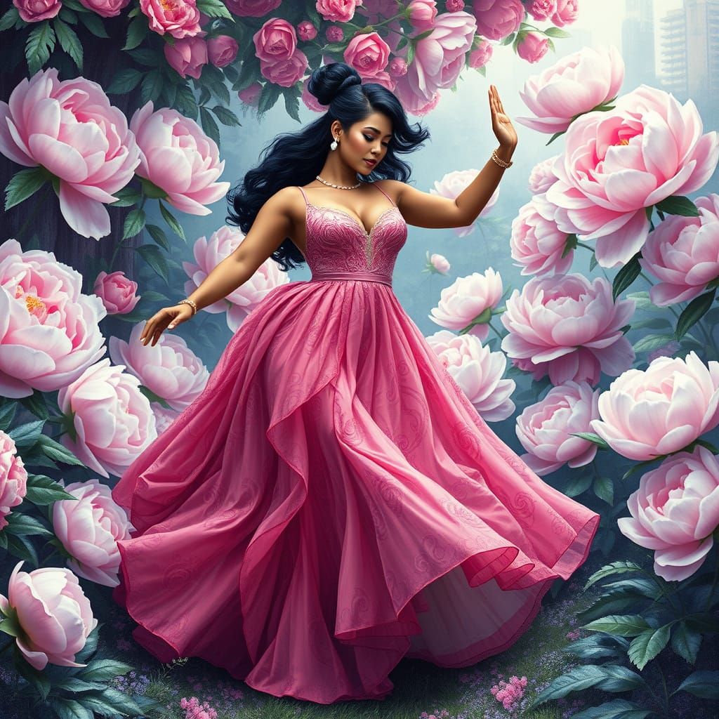 Plus-Size Goddess in Dreamlike Garden Scene