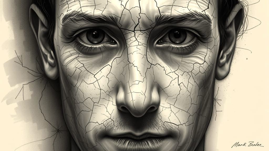 Charcoal Portrait of Mark Zuckerberg in Cracked Porcelain Sk...