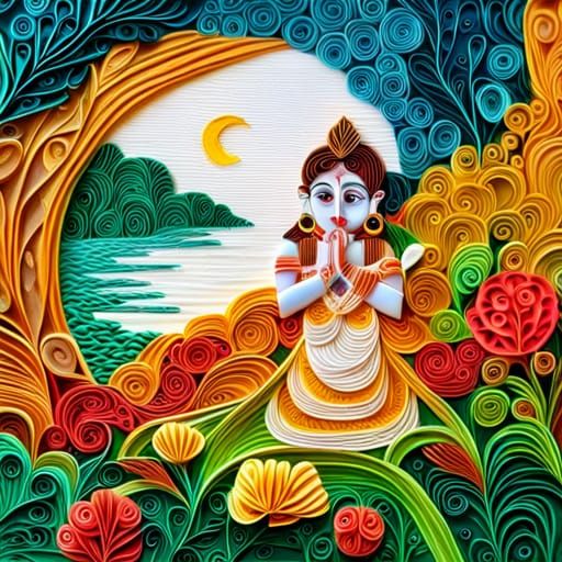 Krishna Paper Quilling in Surreal 3D Landscape