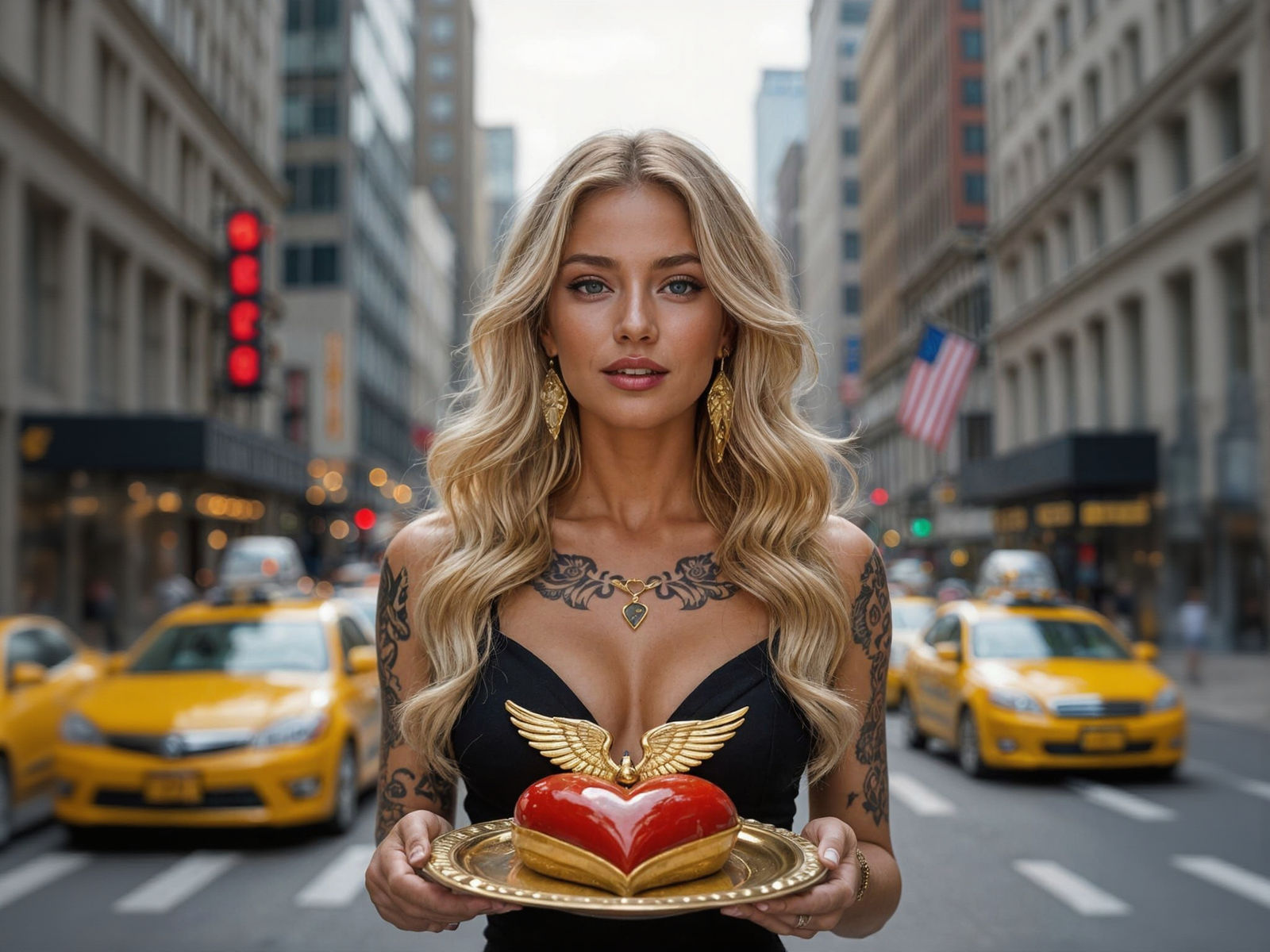 Blonde Woman with Heart Dessert in Vibrant City