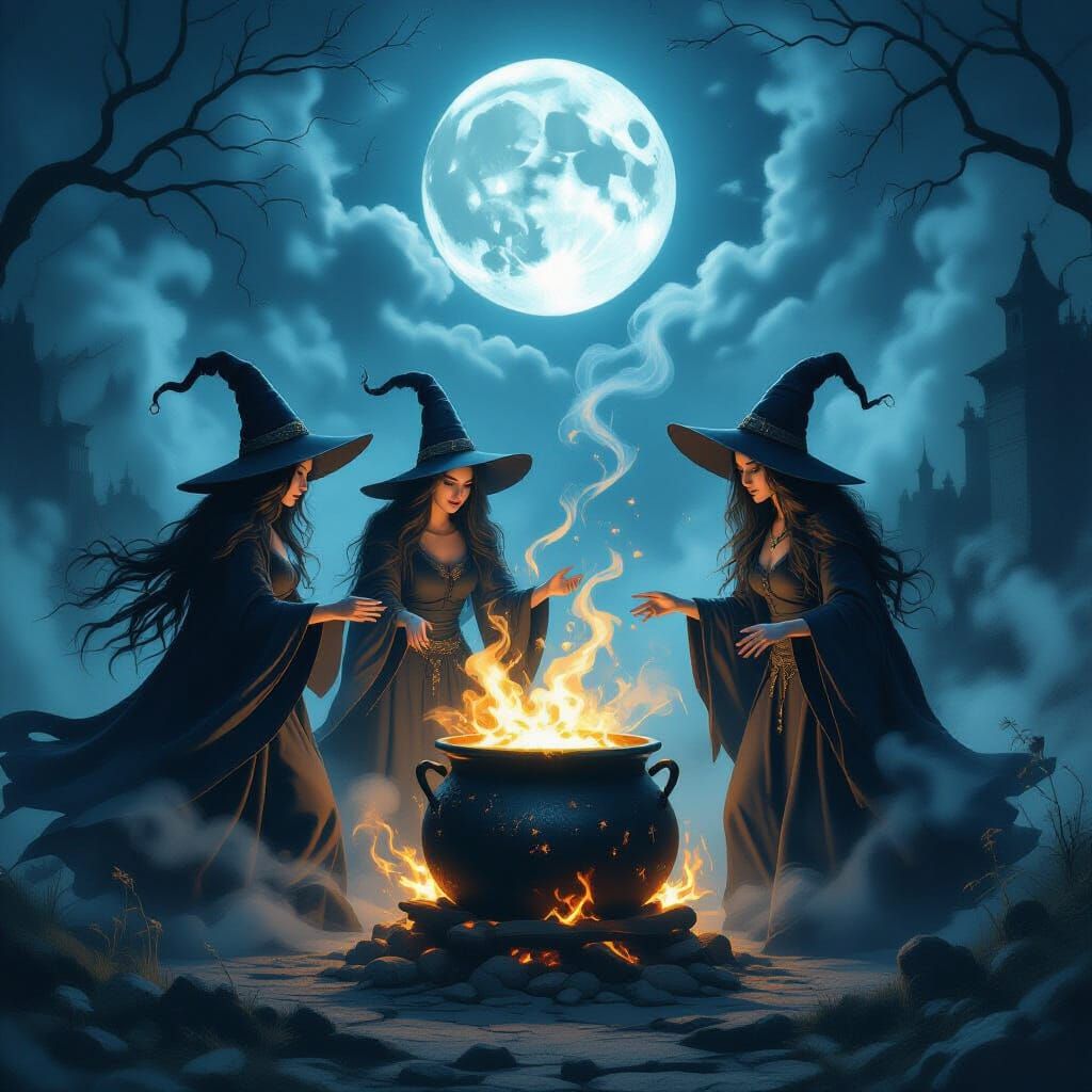 Dark Fantasy Witches Chant Spells Around Cauldron