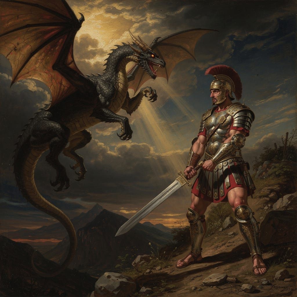 Roman Gladiator Confronts Soaring Dragon in Renaissance Styl...