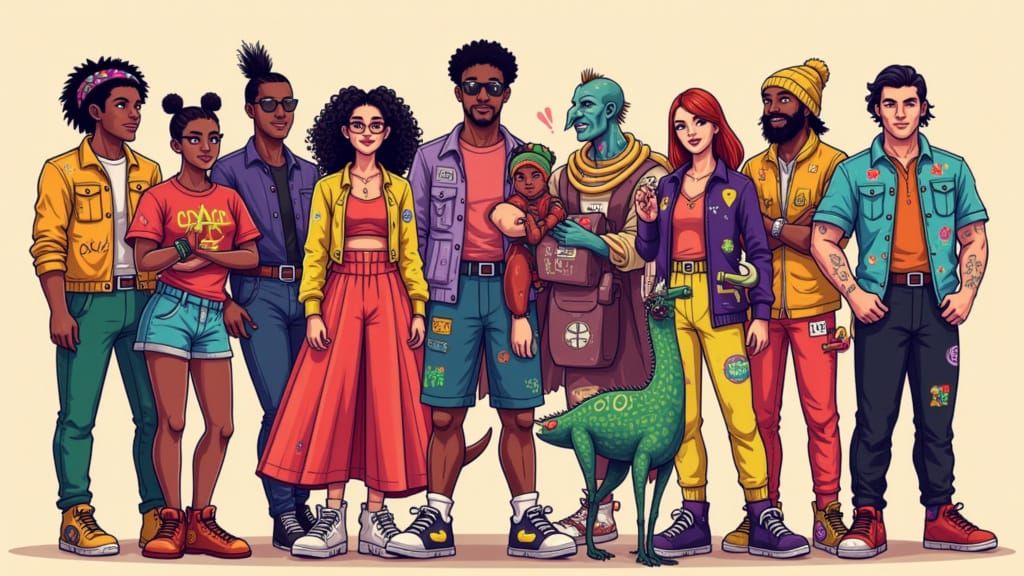 Diverse Group in Stylized Formation: James Jean Inspired