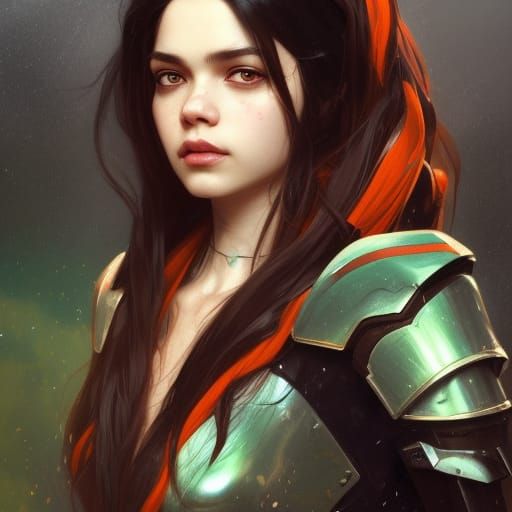 India Eisley Portrait in Green and Orange Armor