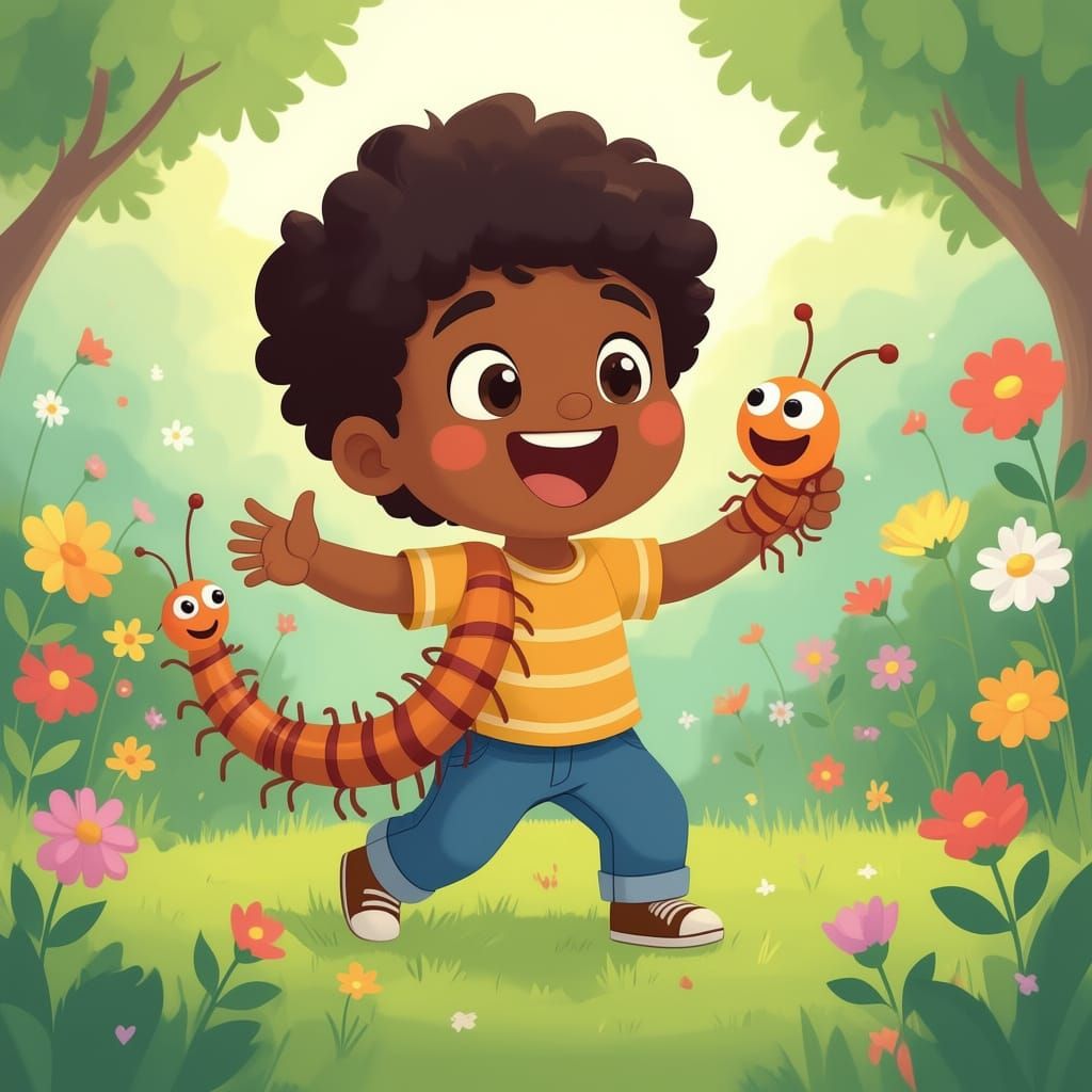 Whimsical Illustration of Boy Dancing With Centipede in Gard...