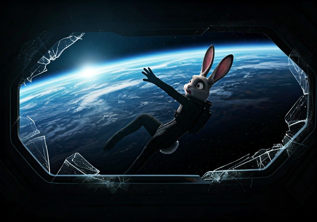 Rabbit Astronaut Drifting into Space