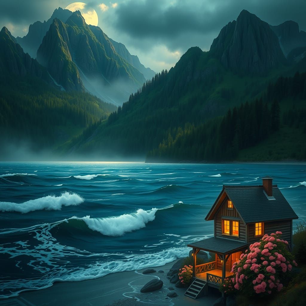 Moonlit Mountains and Cottage by the Sea
