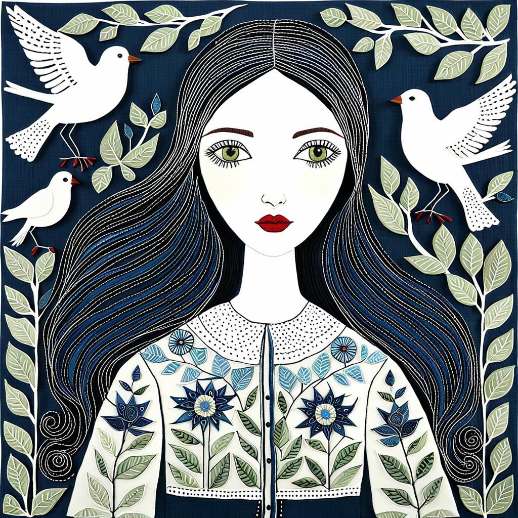Girl with Birds in Textile Folk Art Style