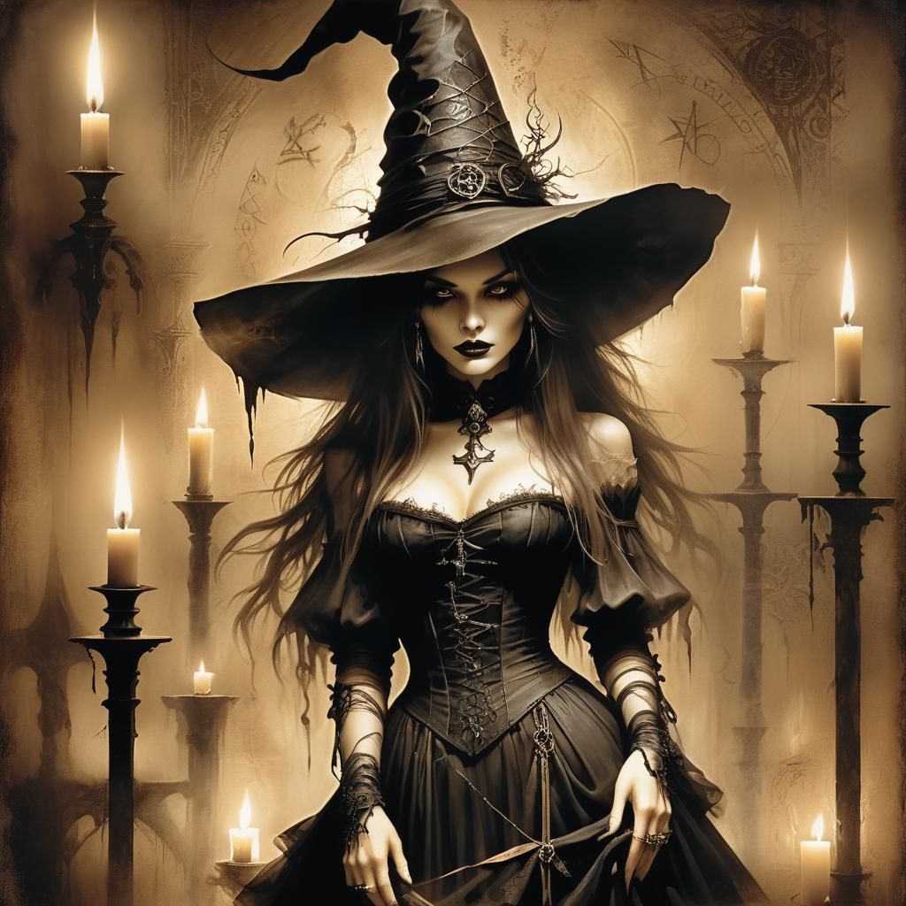 Gothic Witch in Sepia: A Dark Fantasy Digital Art