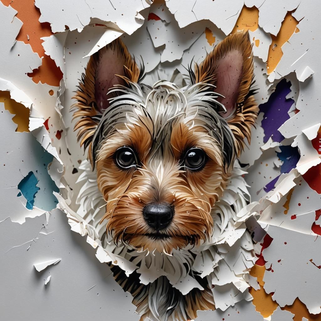 Yorkie Face Peeks Through Torn Paper: Splash Art