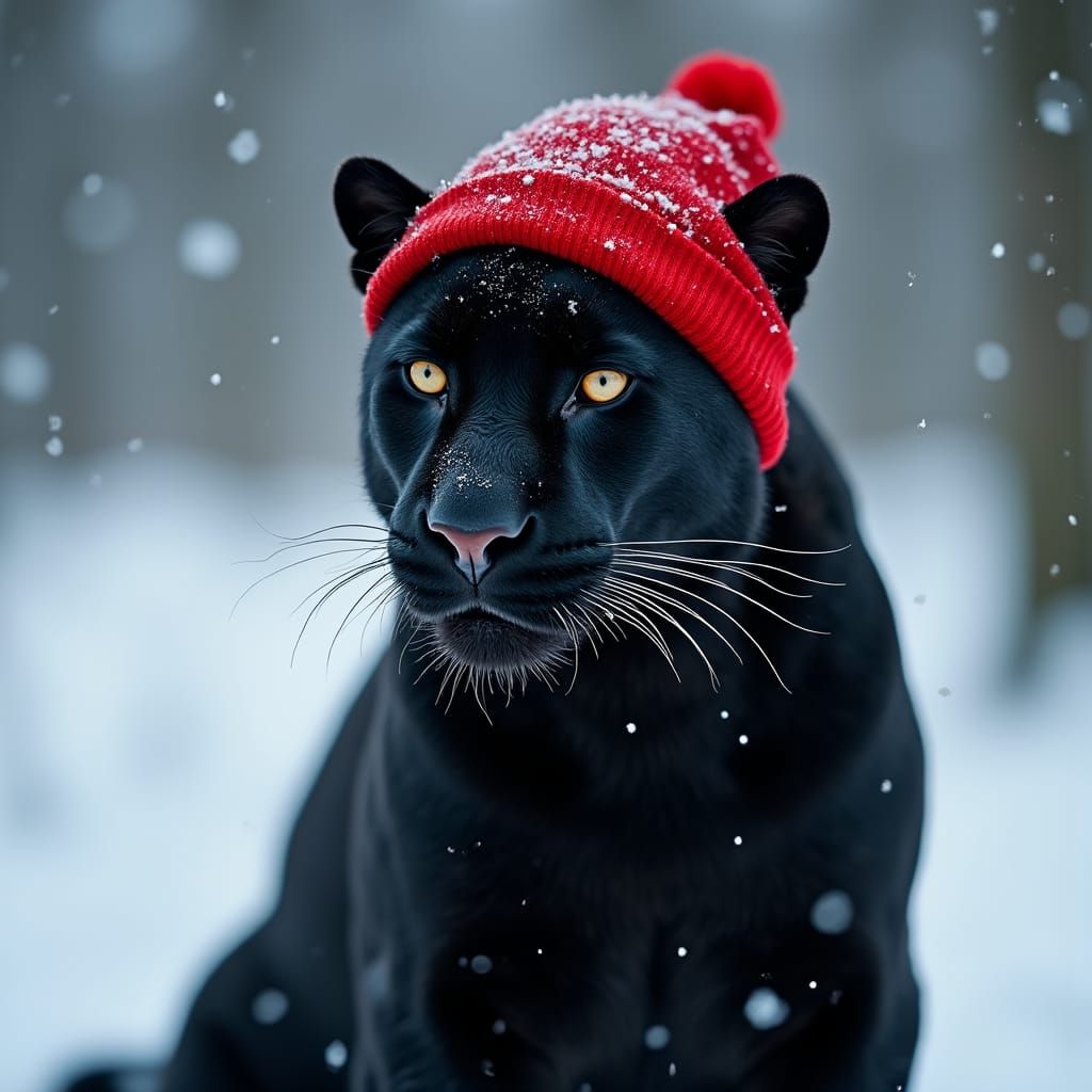 Black Leopard in Christmas Hat, Wildlife Photography