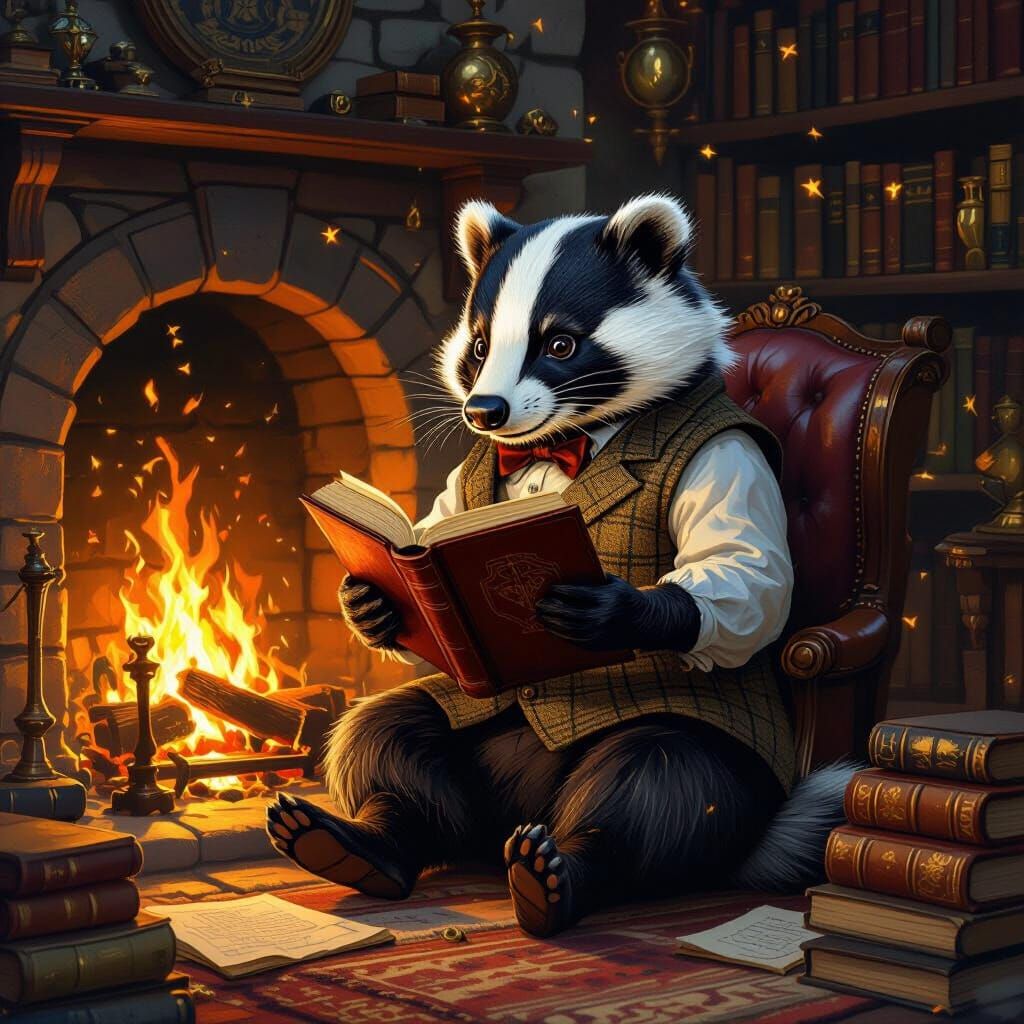 Badger Reading by Firelight: Fantasy Concept Art