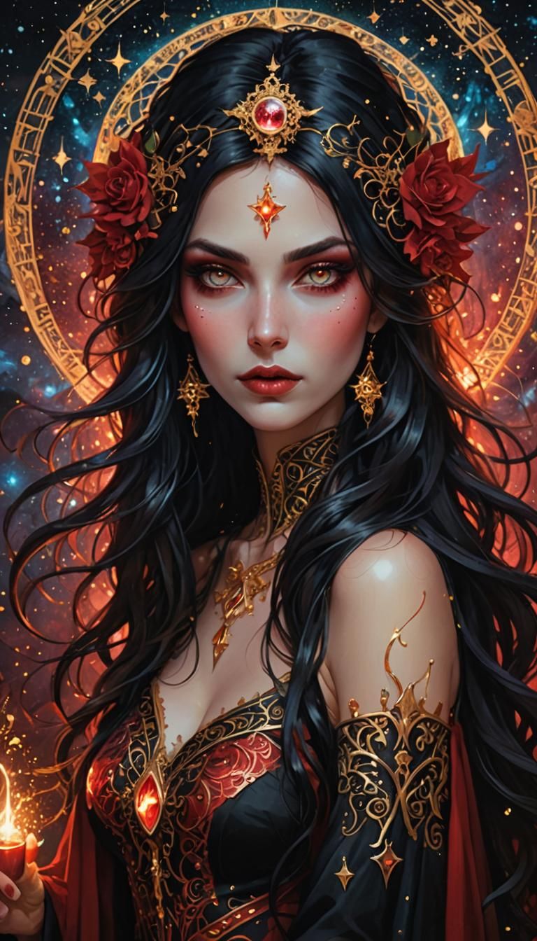 Beautiful Witch with Starlit Eyes and Golden Aura