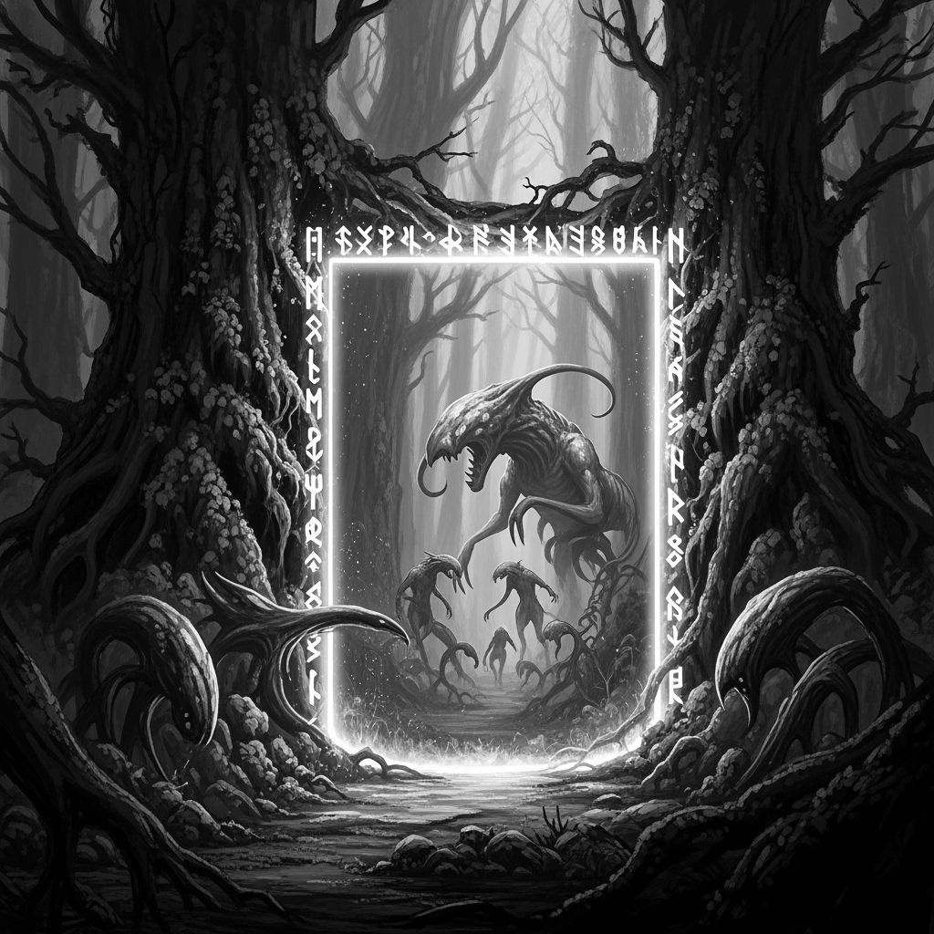 Mystical Portal in Ancient Forest, Black and White Art