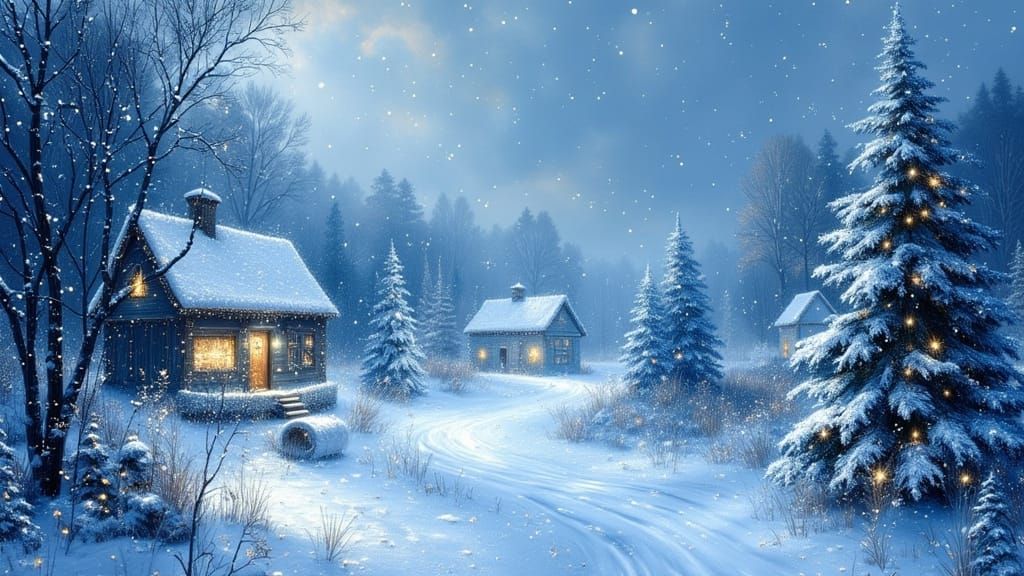 Blue Christmas Village in Dreamy Luminist Style