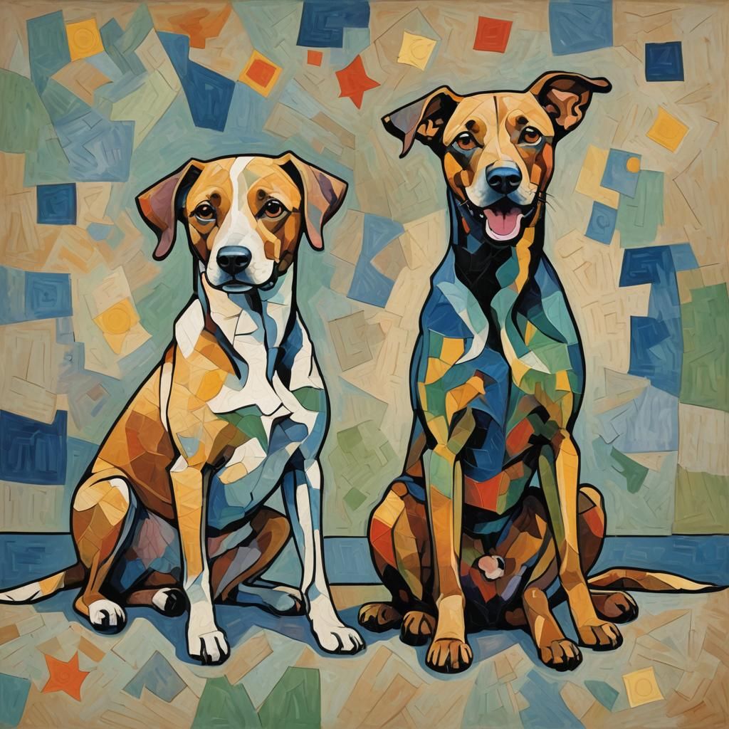 Two Abstract Dogs in Naïve Art Style