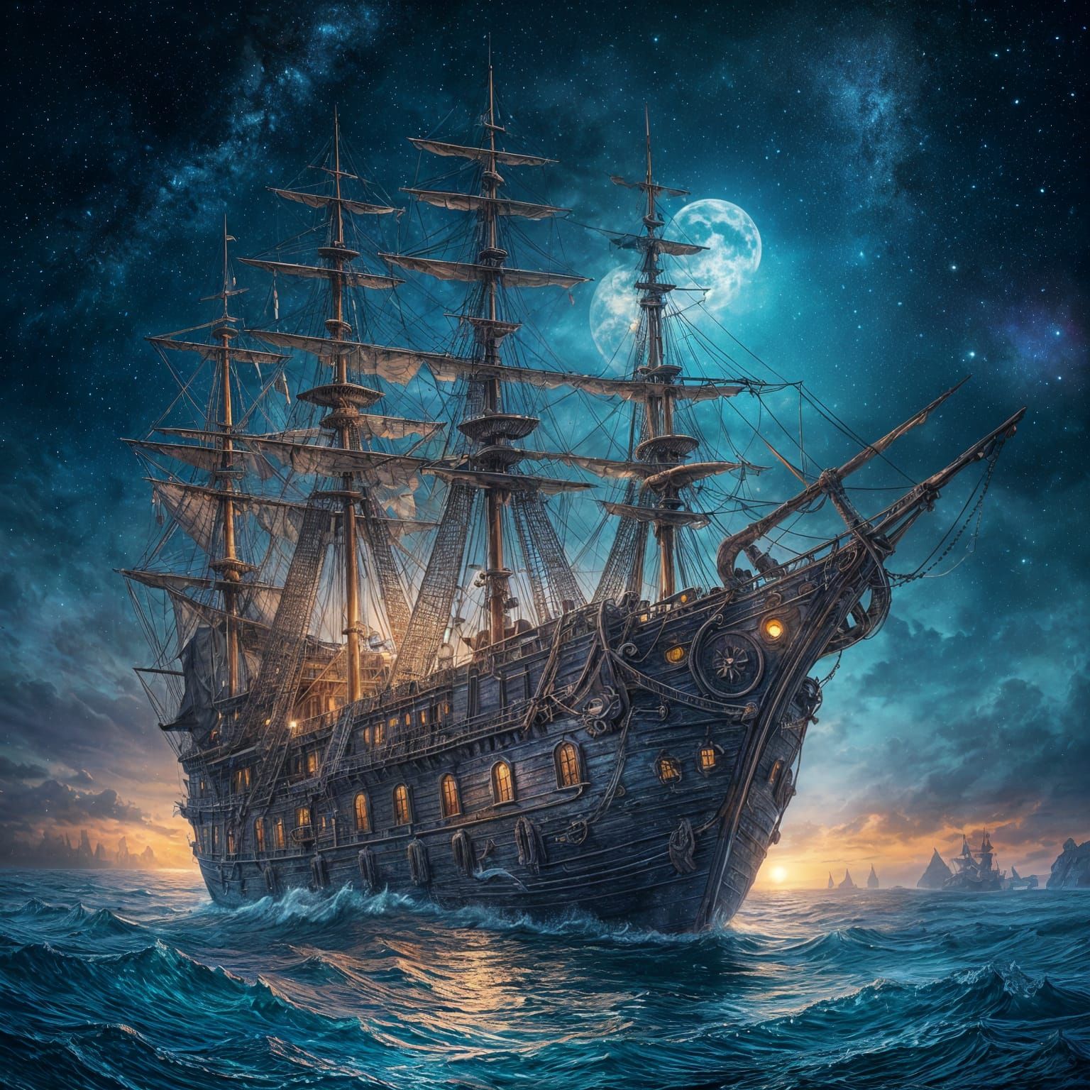 Magical Pirate Ship Floating Over Ocean