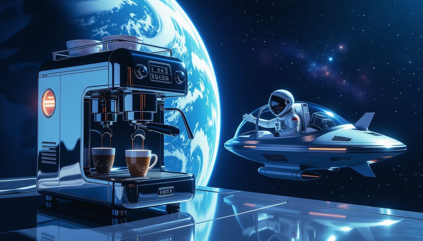 Retro-Futuristic Coffee Machine in Space Near Earth