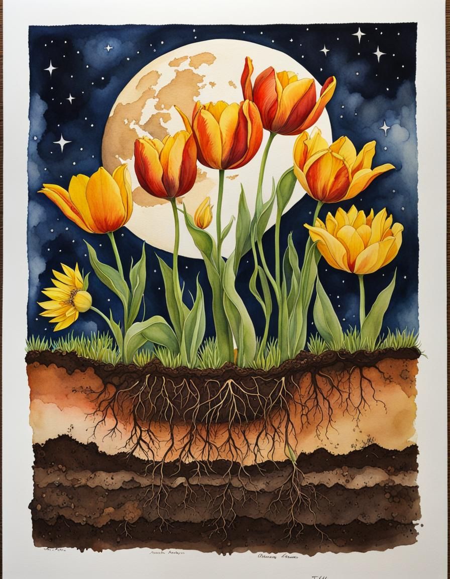 Tulips Emerging at Night in Watercolor Style