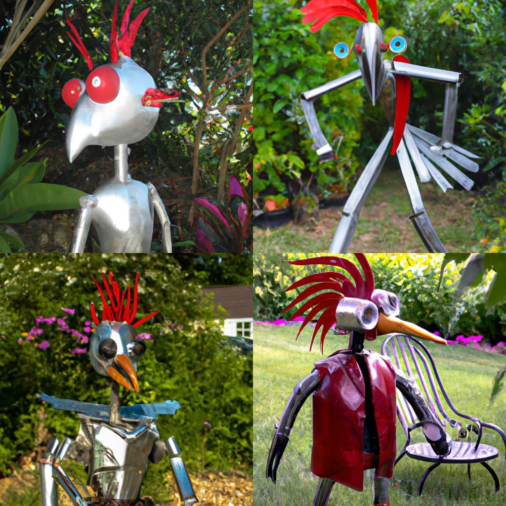 Aluminum Bird Man with Mohawk in Garden