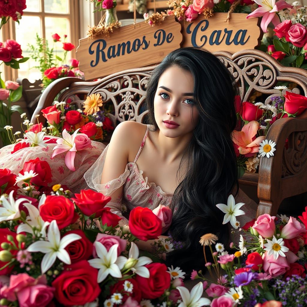 Young Woman in Flower Shop with Colorful Blooms