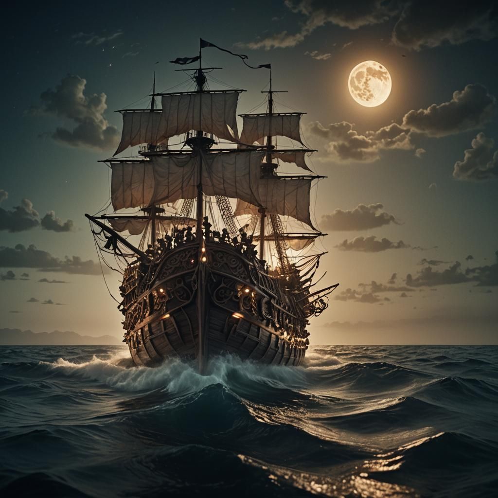 Mystical Warship Sails Moonlit Ocean