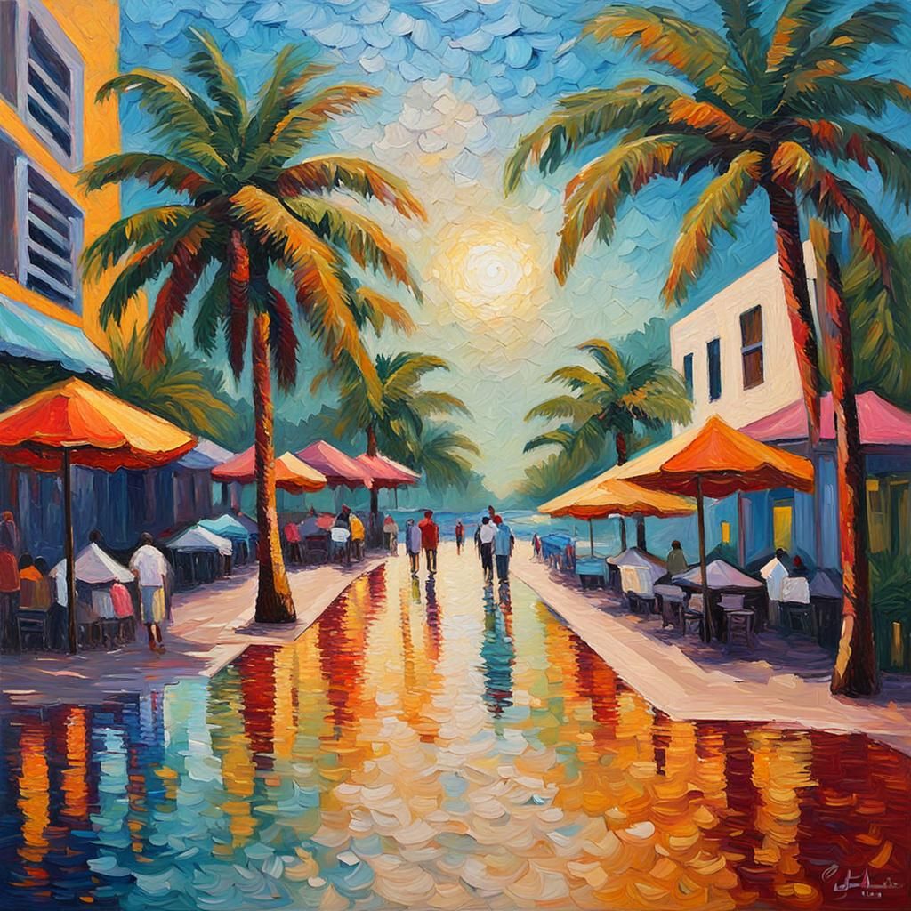 Miami Beach in Neo-Impressionistic Oil Painting Style