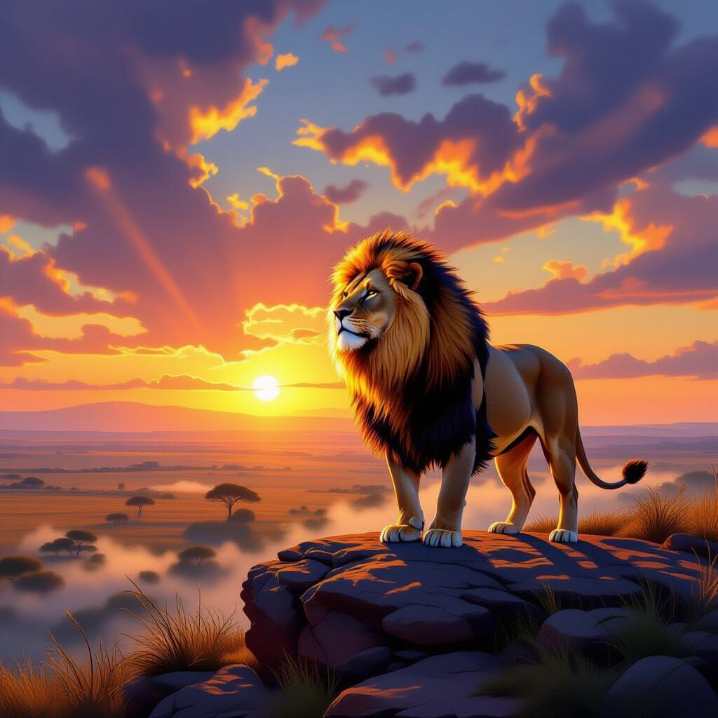 Majestic Lion at Sunrise Over Savanna