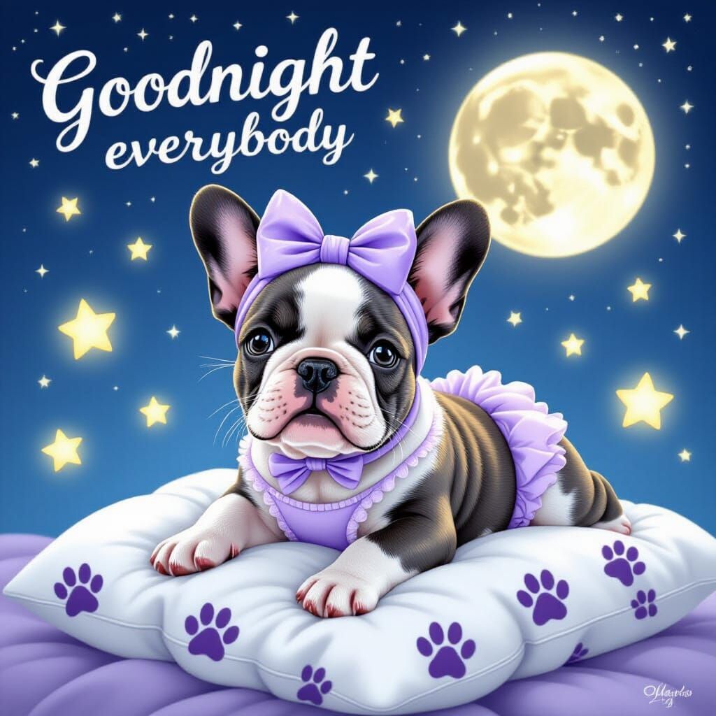 French Bulldog Puppy with Lavender Bow in Whimsical Style