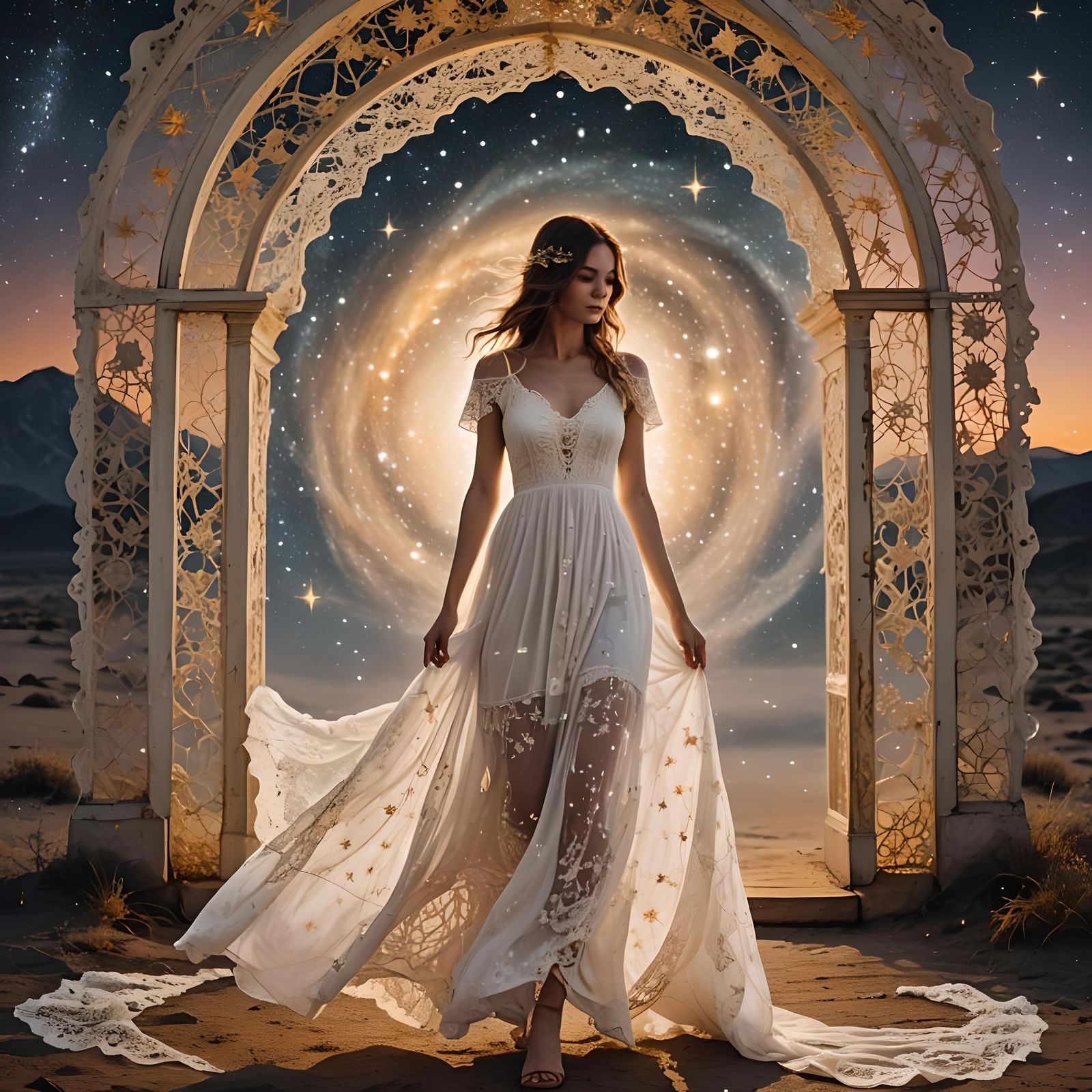 lady in an portal of an  starry sky and dangling gold "stars"
