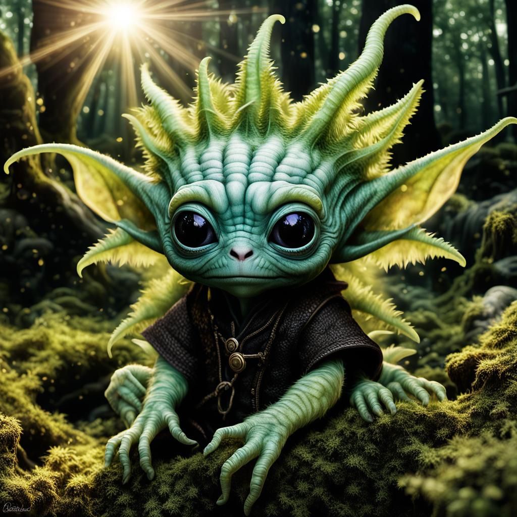 Adorable Baby Alien in Sunburst Forest: Surreal Oil Painting