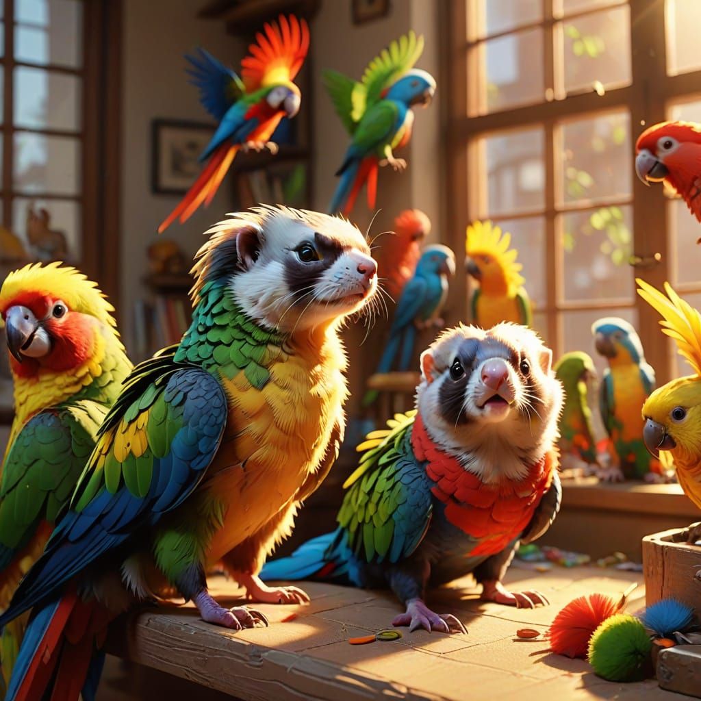 Playful Parrots in Sunlight: Vibrant Digital Art