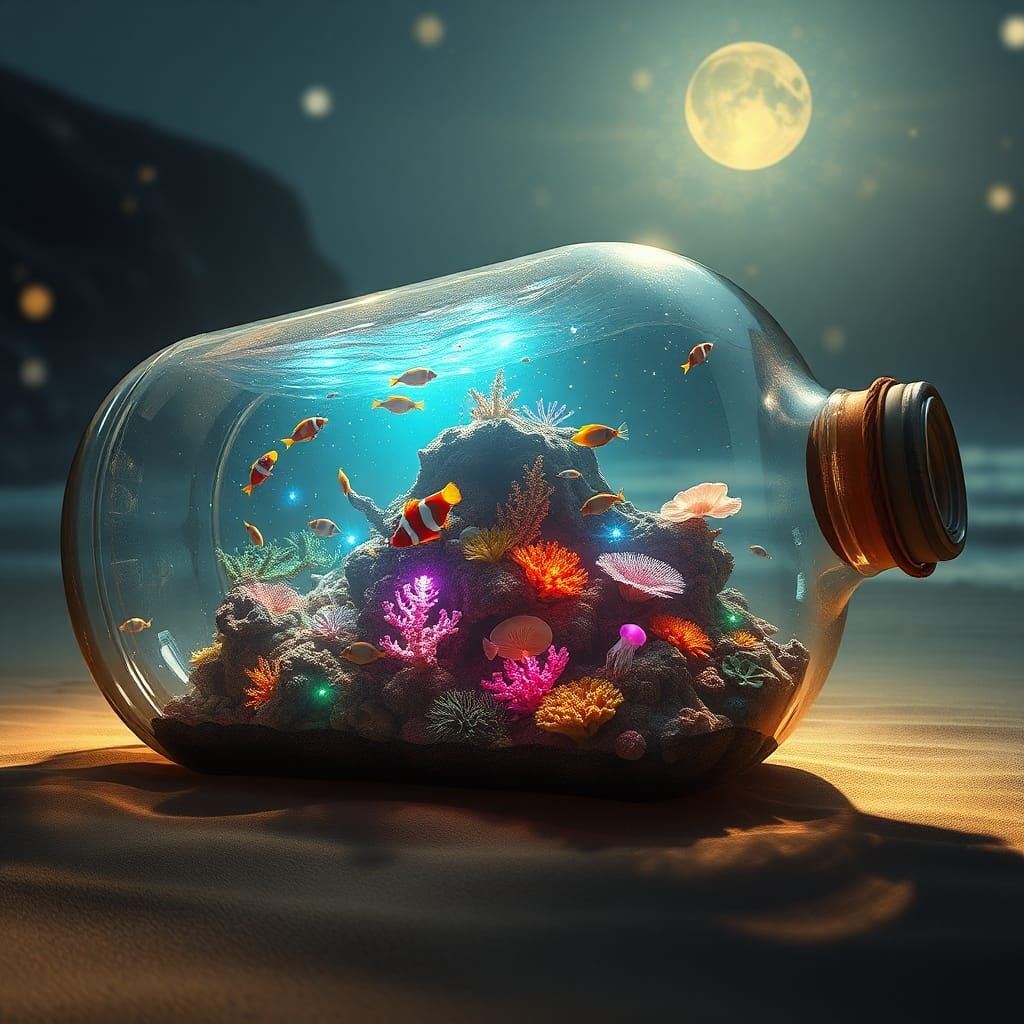 Coral Reef Ecosystem Inside a Bottle