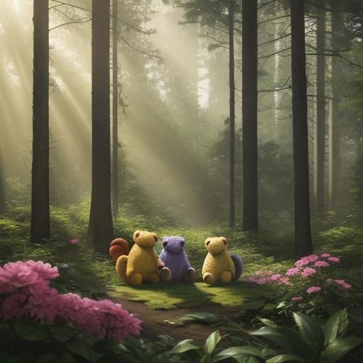Teddy Bears in Whimsical Forest: Hyperrealistic Splash Art