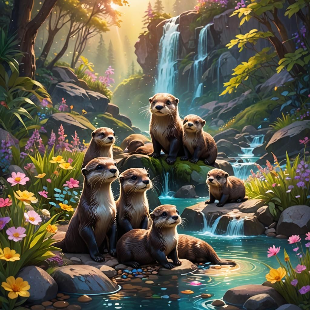 Enchanted Otter Family Playing by River: Fantasy Illustratio...