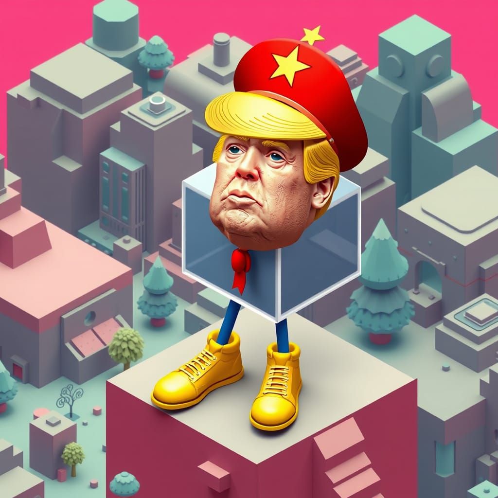 Qbert with Trump Face in Retro-Futuristic Landscape