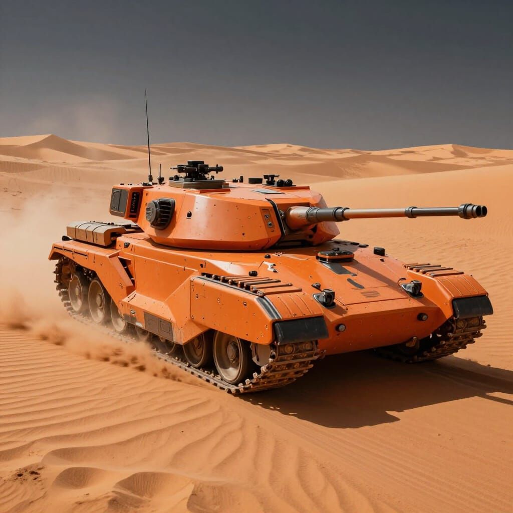 Orange Cyberpunk Tank Drives Through Desert Landscape