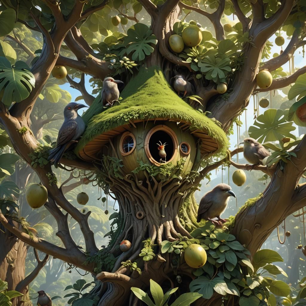 Whimsical Kiwi Treehouse in Surreal 3D Render